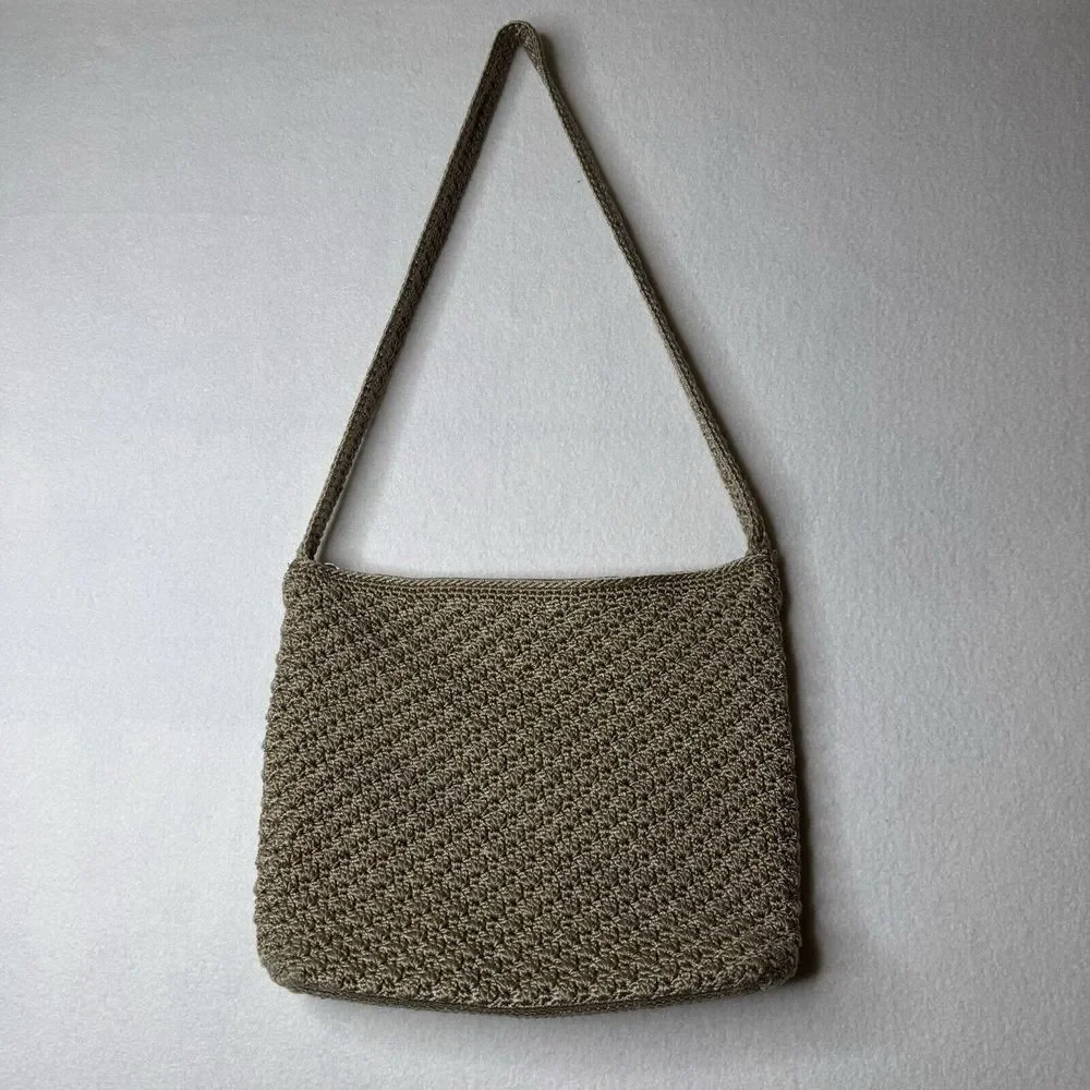 The Sak Crochet Knit Woven Boho Shoulder Handbag Taupe Lined Interior Pocket